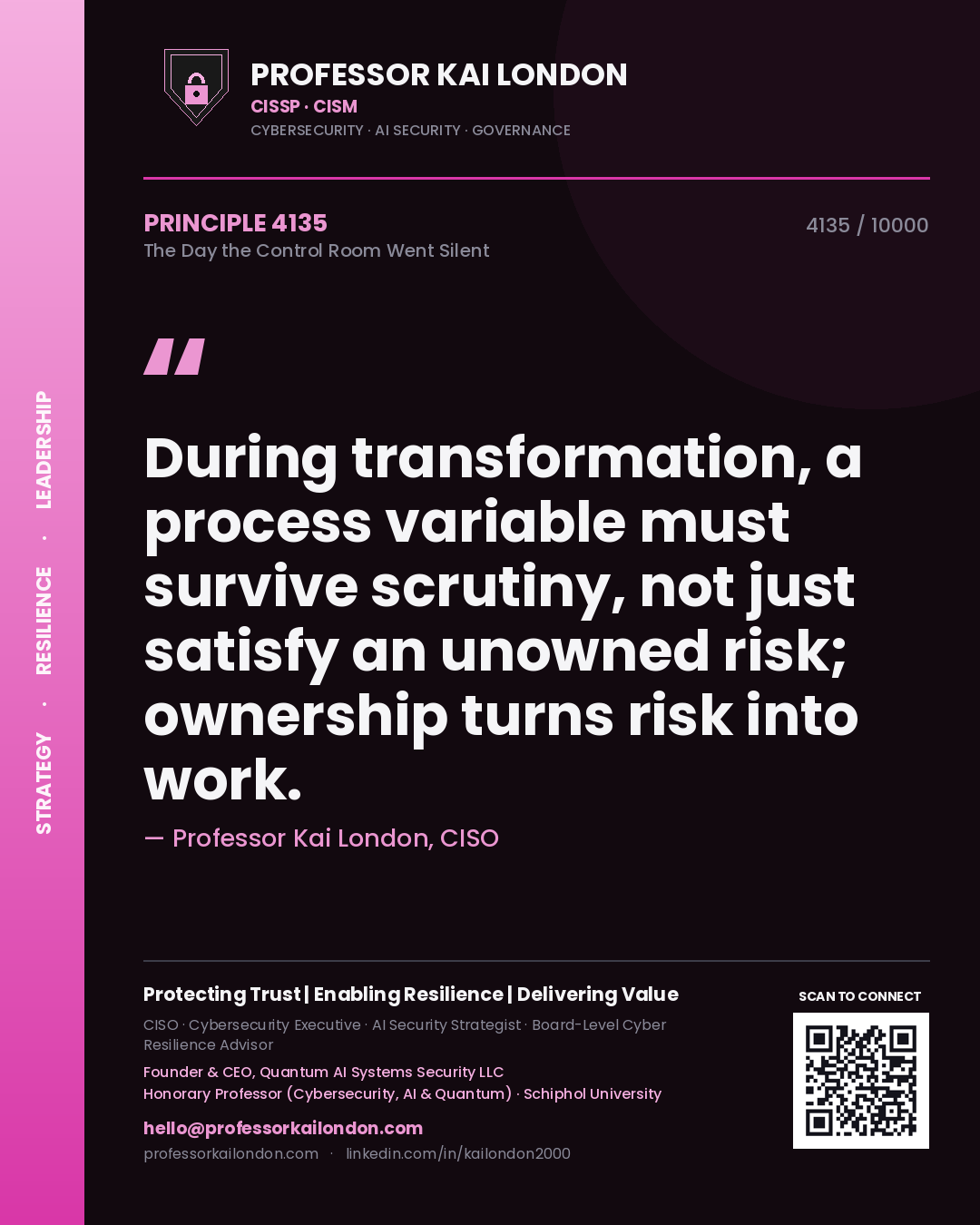 Professor Kai London principle 4135: During transformation, a process variable must survive scrutiny, not just satisfy an unowned risk; ownership turns risk into work.