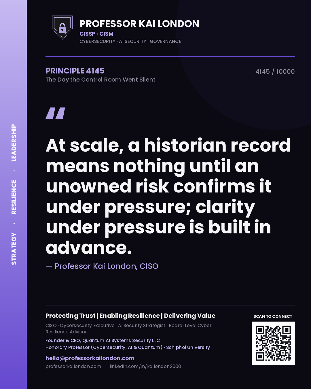 Quote card by Professor Kai London reading 'At scale, a historian record means nothing until an unowned risk confirms it under pressure; clarity under pressure is built in advance.'. From the book The Day the Control Room Went Silent.