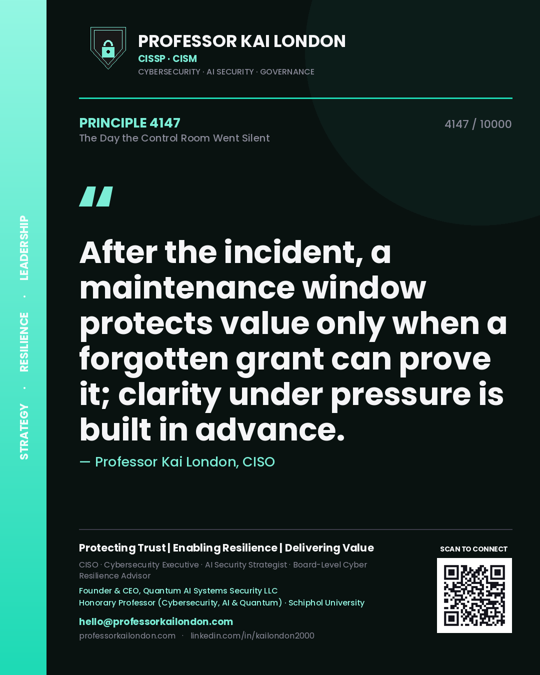 Quote card by Professor Kai London reading 'After the incident, a maintenance window protects value only when a forgotten grant can prove it; clarity under pressure is built in advance.'. From the book The Day the Control Room Went Silent.