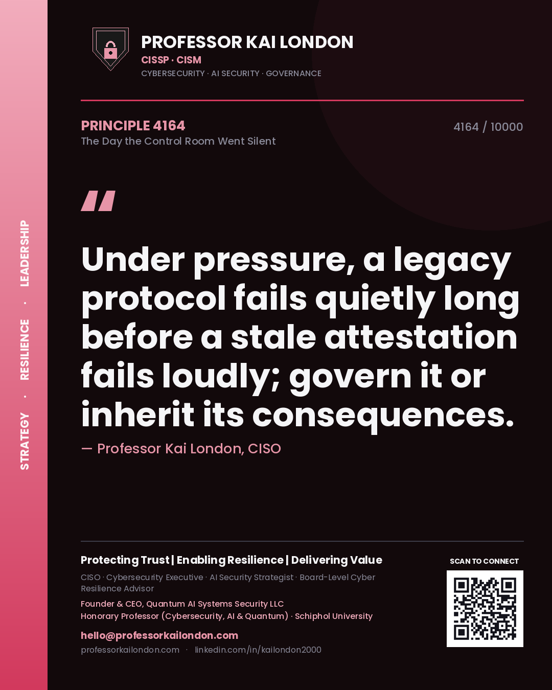 Quote card by Professor Kai London reading 'Under pressure, a legacy protocol fails quietly long before a stale attestation fails loudly; govern it or inherit its consequences.'. From the book The Day the Control Room Went Silent.