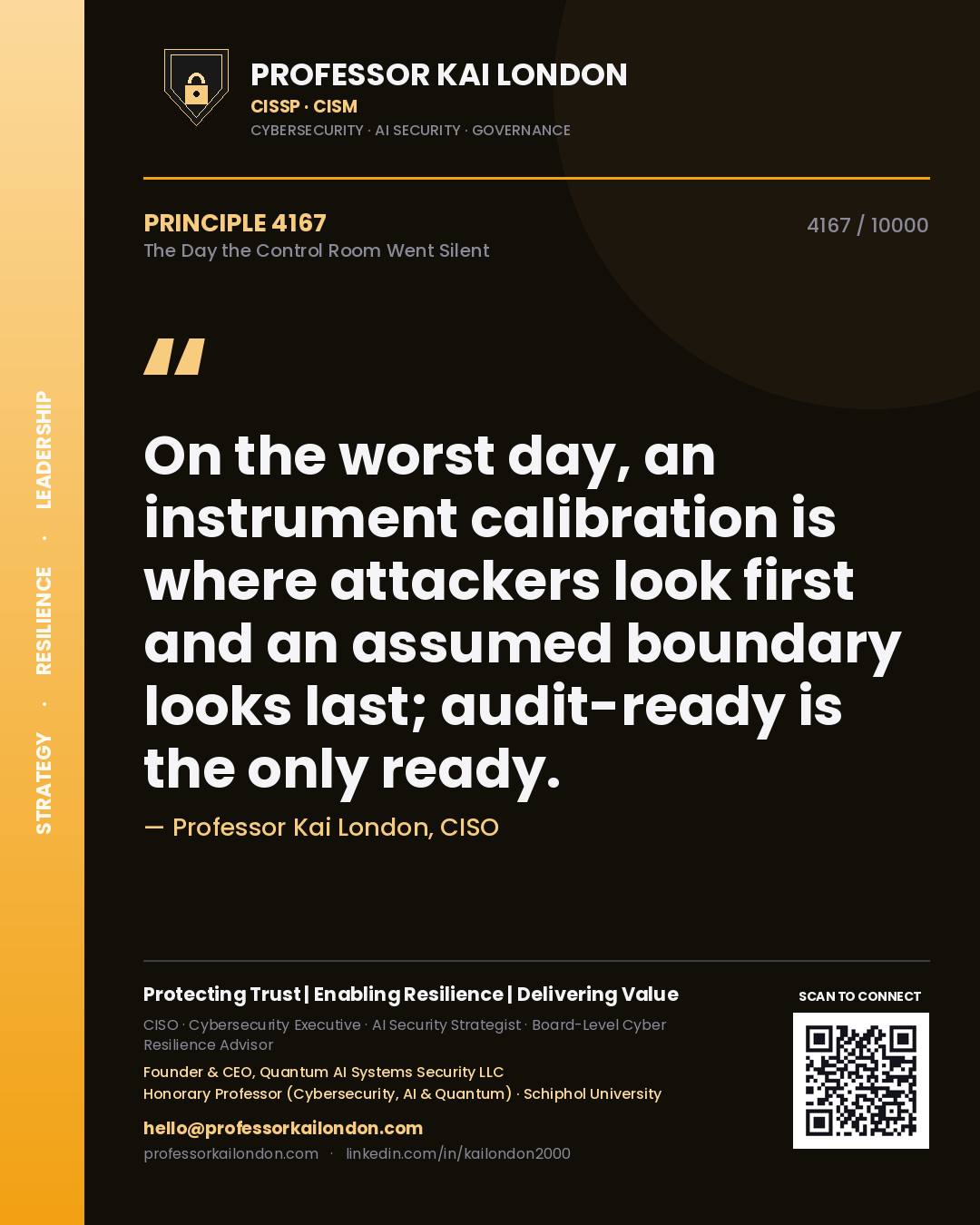 Quote card by Professor Kai London reading 'On the worst day, an instrument calibration is where attackers look first and an assumed boundary looks last; audit-ready is the only ready.'. From the book The Day the Control Room Went Silent.