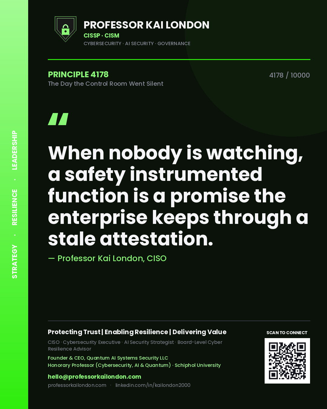 Quote card by Professor Kai London reading 'When nobody is watching, a safety instrumented function is a promise the enterprise keeps through a stale attestation.'. From the book The Day the Control Room Went Silent.