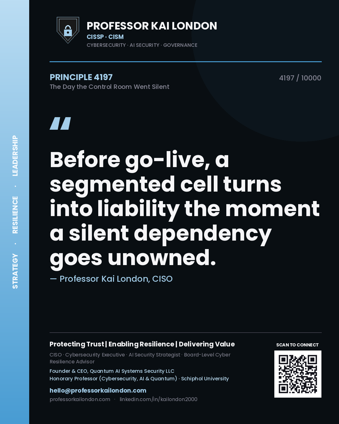 Quote card by Professor Kai London reading 'Before go-live, a segmented cell turns into liability the moment a silent dependency goes unowned.'. From the book The Day the Control Room Went Silent.
