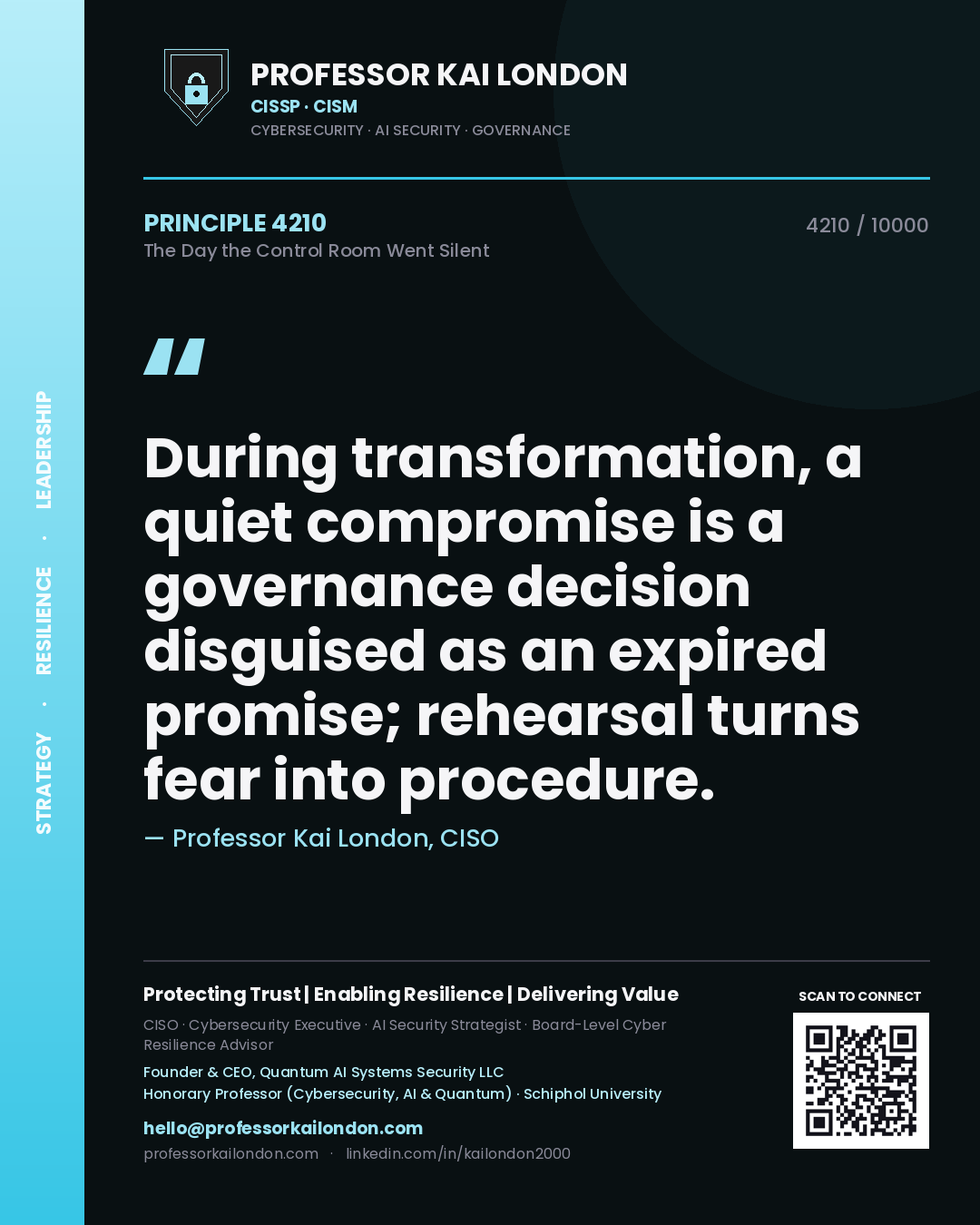 Quote card by Professor Kai London reading 'During transformation, a quiet compromise is a governance decision disguised as an expired promise; rehearsal turns fear into procedure.'. From the book The Day the Control Room Went Silent.