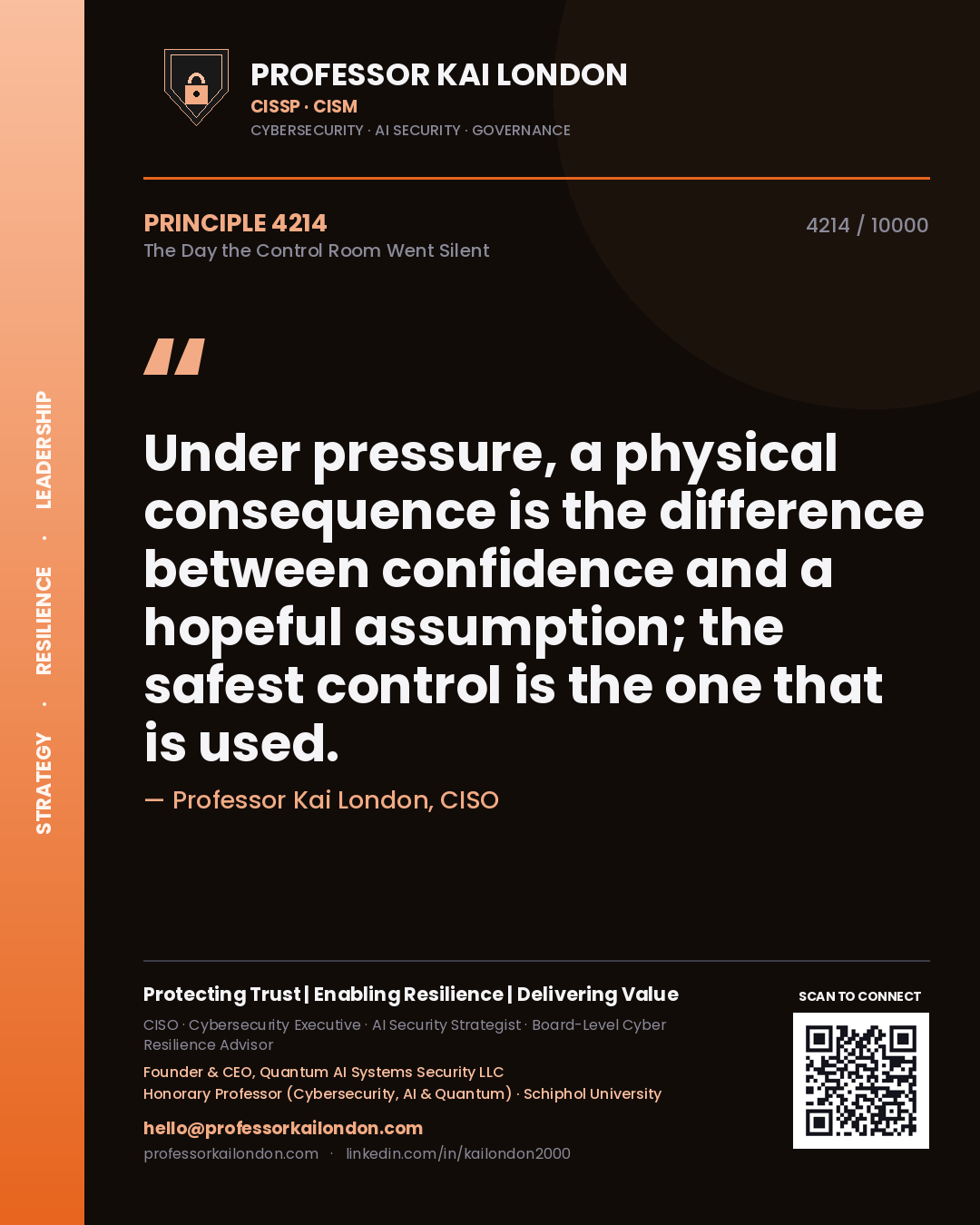 Quote card by Professor Kai London reading 'Under pressure, a physical consequence is the difference between confidence and a hopeful assumption; the safest control is the one that is used.'. From the book The Day the Control Room Went Silent.