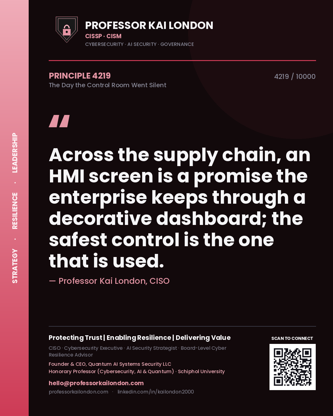 Quote card by Professor Kai London reading 'Across the supply chain, an HMI screen is a promise the enterprise keeps through a decorative dashboard; the safest control is the one that is used.'. From the book The Day the Control Room Went Silent.