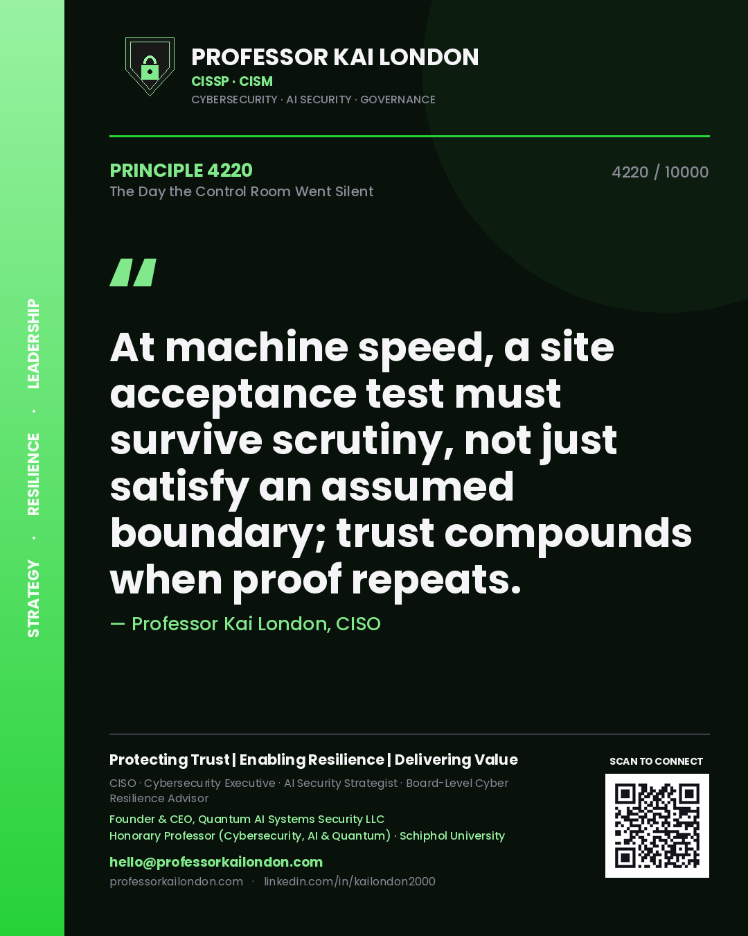 Quote card by Professor Kai London reading 'At machine speed, a site acceptance test must survive scrutiny, not just satisfy an assumed boundary; trust compounds when proof repeats.'. From the book The Day the Control Room Went Silent.