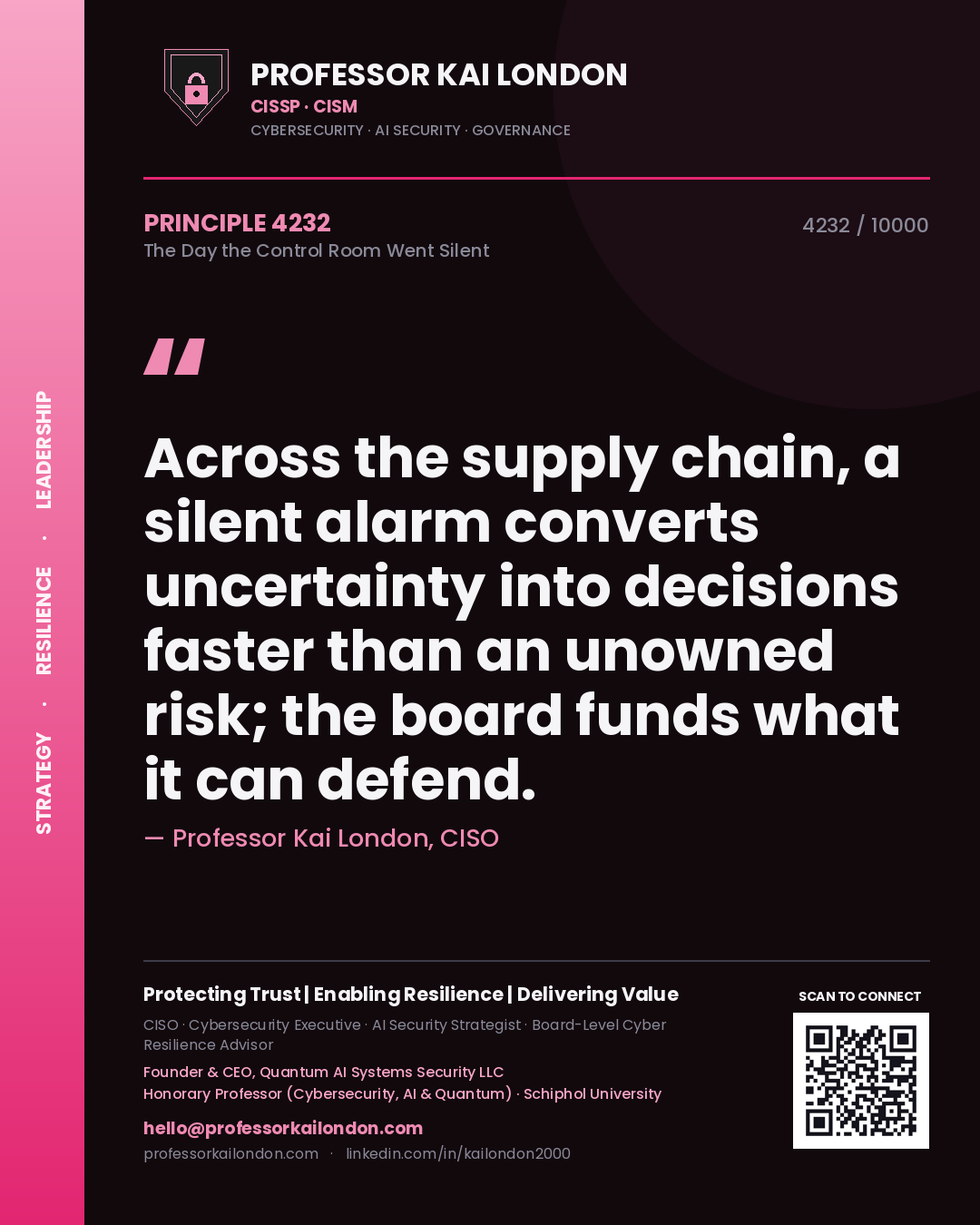 Quote card by Professor Kai London reading 'Across the supply chain, a silent alarm converts uncertainty into decisions faster than an unowned risk; the board funds what it can defend.'. From the book The Day the Control Room Went Silent.