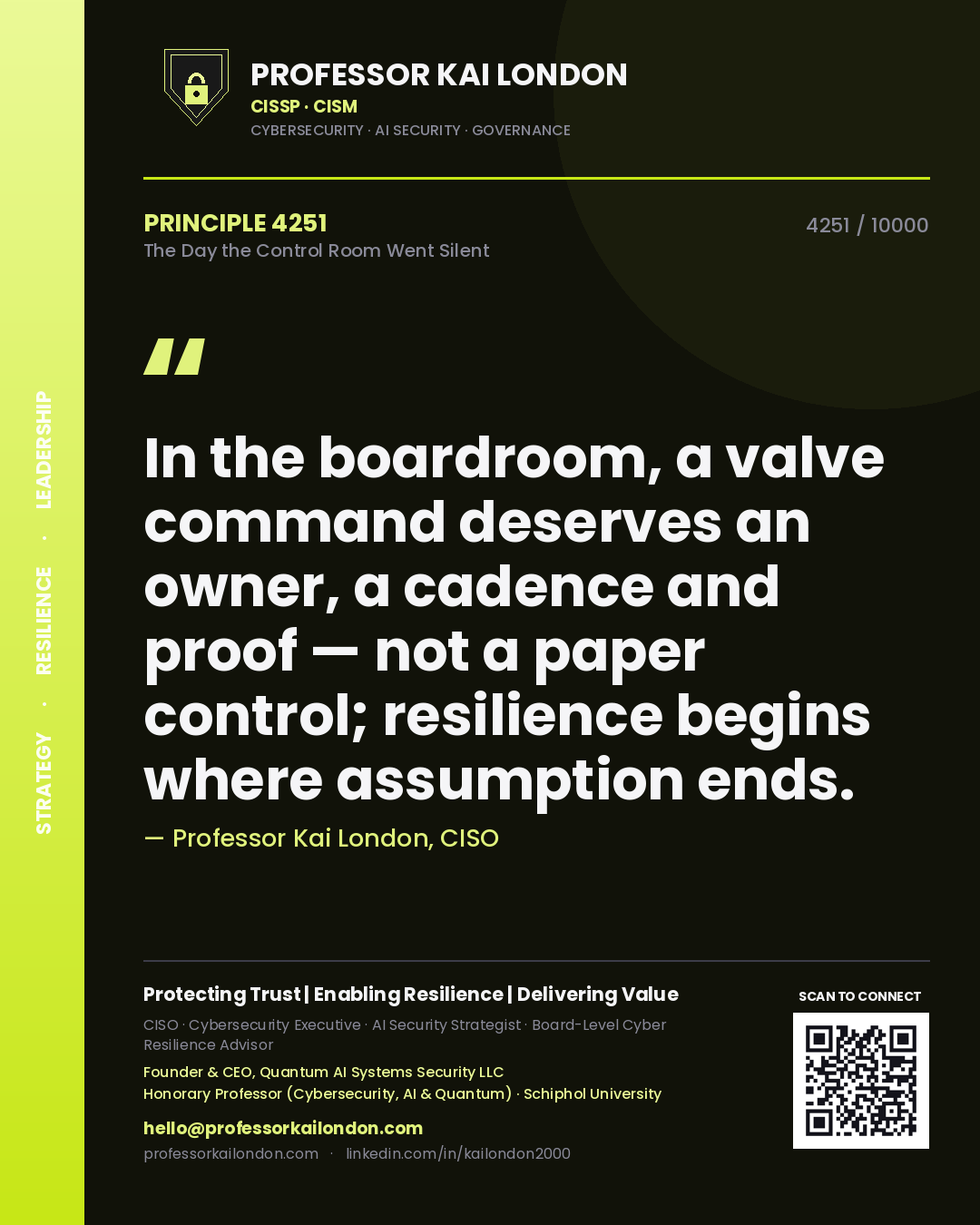 Quote card by Professor Kai London reading 'In the boardroom, a valve command deserves an owner, a cadence and proof — not a paper control; resilience begins where assumption ends.'. From the book The Day the Control Room Went Silent.