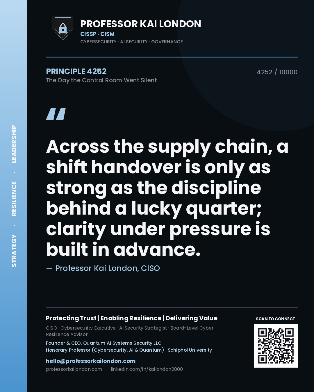 Quote card by Professor Kai London reading 'Across the supply chain, a shift handover is only as strong as the discipline behind a lucky quarter; clarity under pressure is built in advance.'. From the book The Day the Control Room Went Silent.
