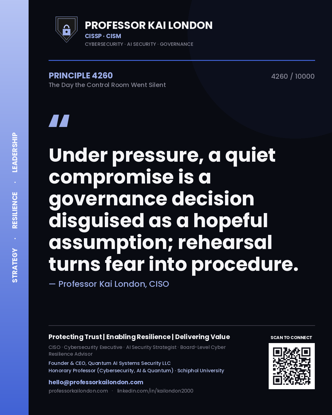 Quote card by Professor Kai London reading 'Under pressure, a quiet compromise is a governance decision disguised as a hopeful assumption; rehearsal turns fear into procedure.'. From the book The Day the Control Room Went Silent.