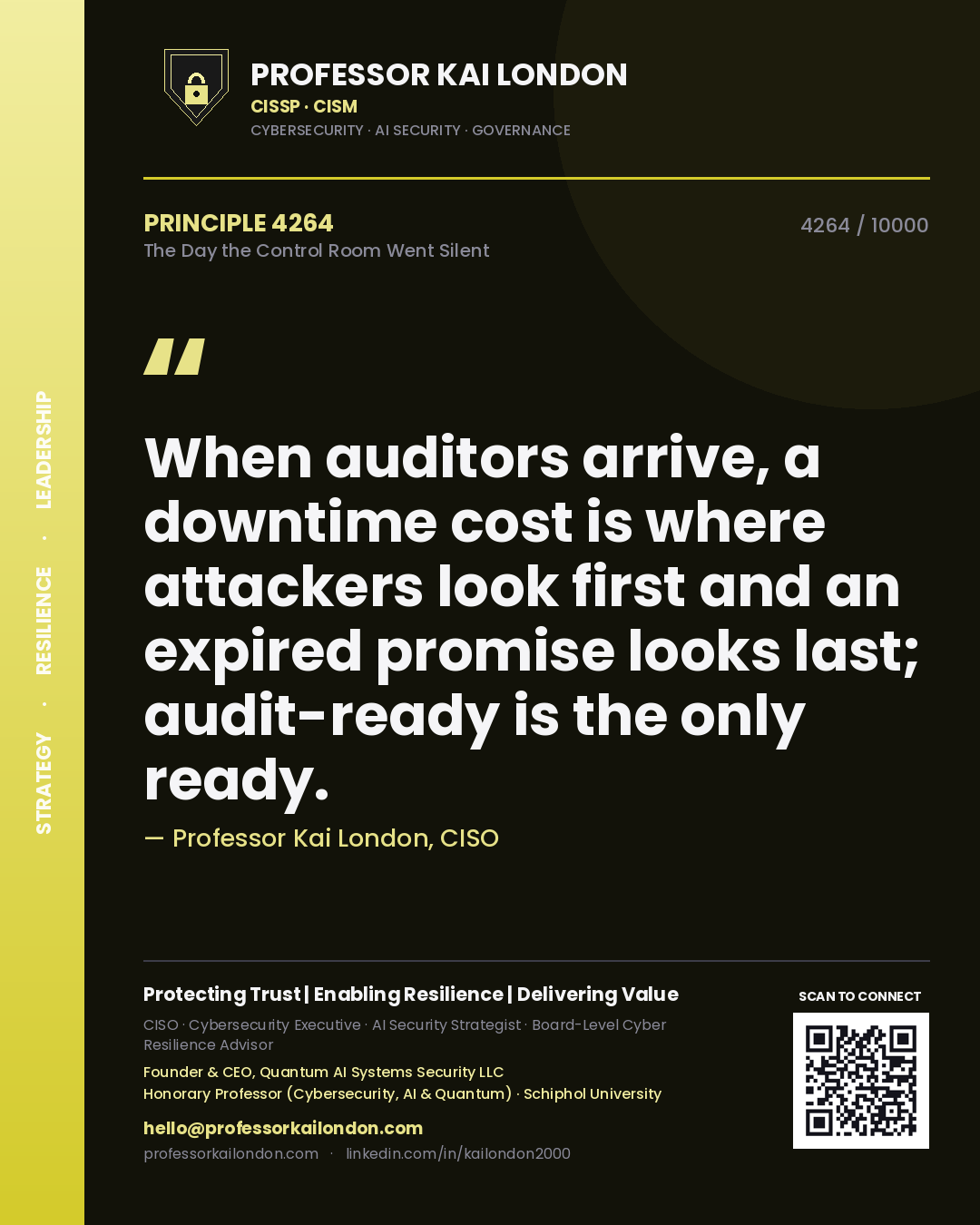 Quote card by Professor Kai London reading 'When auditors arrive, a downtime cost is where attackers look first and an expired promise looks last; audit-ready is the only ready.'. From the book The Day the Control Room Went Silent.