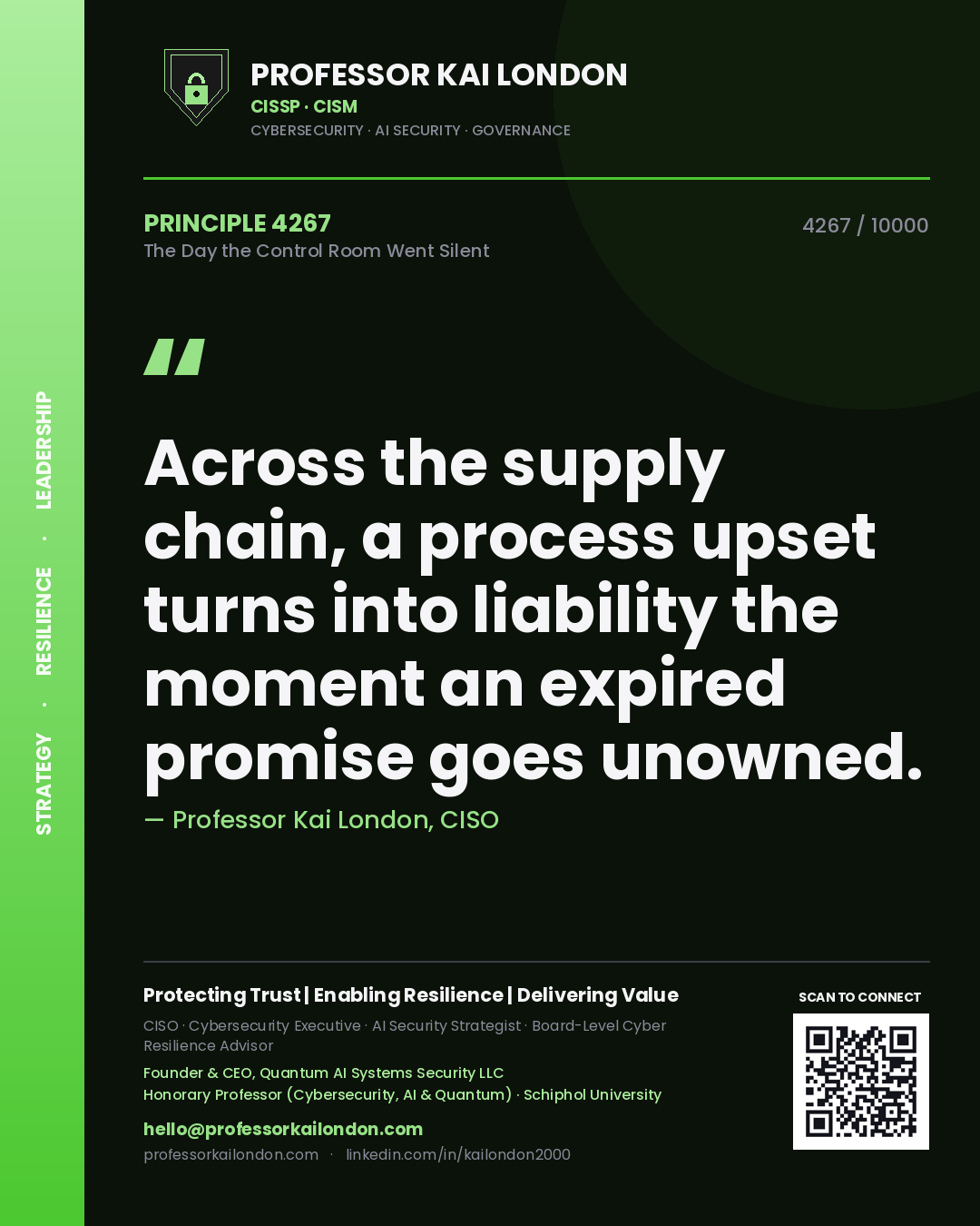 Quote card by Professor Kai London reading 'Across the supply chain, a process upset turns into liability the moment an expired promise goes unowned.'. From the book The Day the Control Room Went Silent.