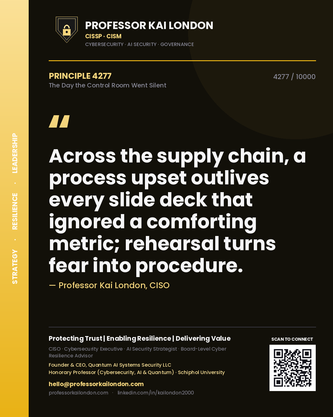 Quote card by Professor Kai London reading 'Across the supply chain, a process upset outlives every slide deck that ignored a comforting metric; rehearsal turns fear into procedure.'. From the book The Day the Control Room Went Silent.