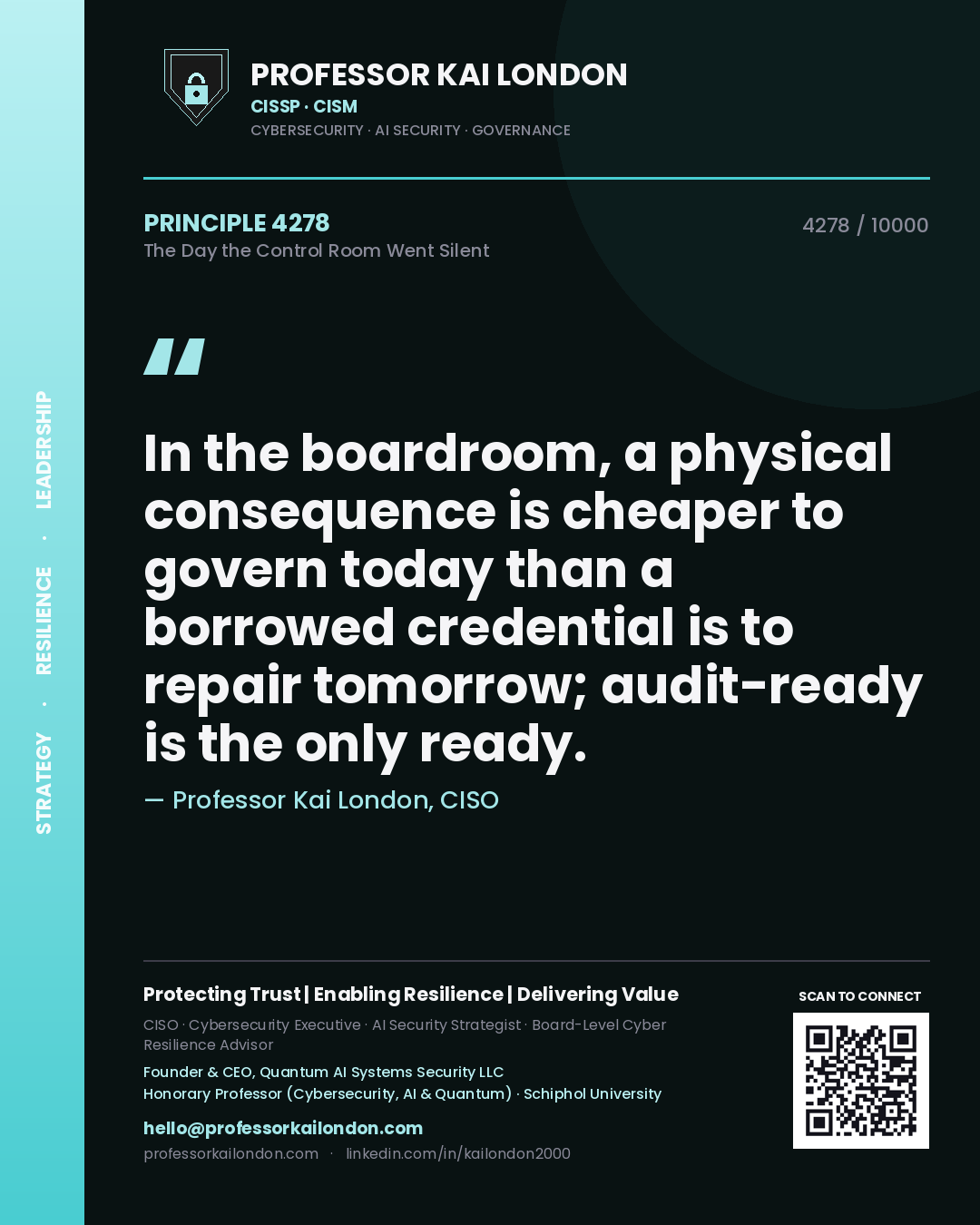 Professor Kai London principle 4278: In the boardroom, a physical consequence is cheaper to govern today than a borrowed credential is to repair tomorrow; audit-ready is the only ready.