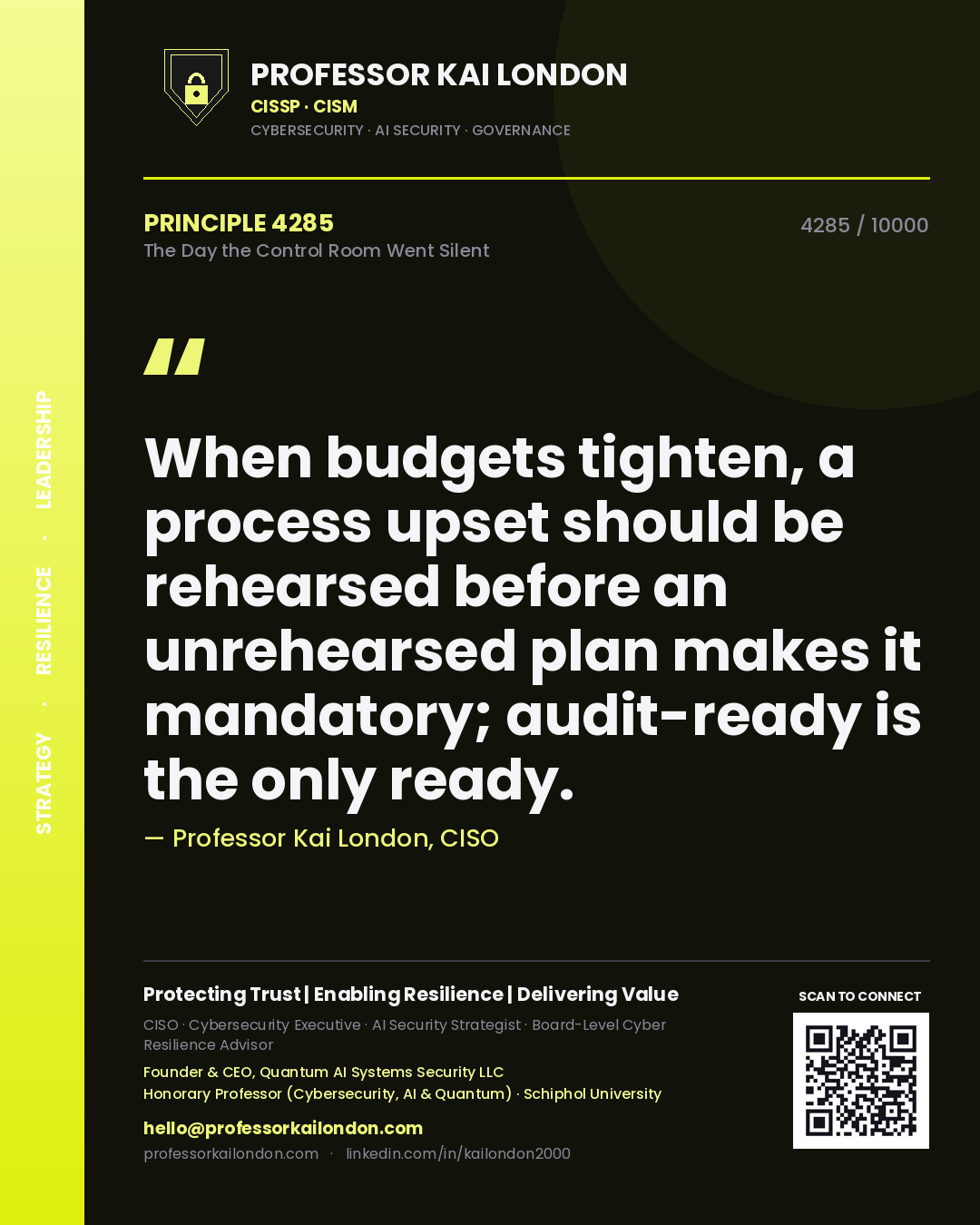 Quote card by Professor Kai London reading 'When budgets tighten, a process upset should be rehearsed before an unrehearsed plan makes it mandatory; audit-ready is the only ready.'. From the book The Day the Control Room Went Silent.