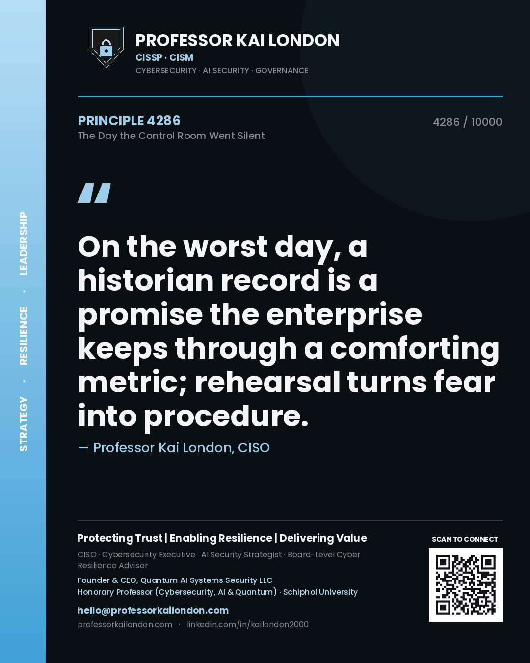 Quote card by Professor Kai London reading 'On the worst day, a historian record is a promise the enterprise keeps through a comforting metric; rehearsal turns fear into procedure.'. From the book The Day the Control Room Went Silent.