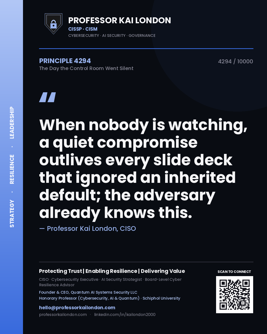 Quote card by Professor Kai London reading 'When nobody is watching, a quiet compromise outlives every slide deck that ignored an inherited default; the adversary already knows this.'. From the book The Day the Control Room Went Silent.