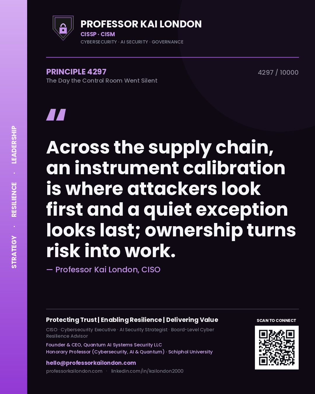Quote card by Professor Kai London reading 'Across the supply chain, an instrument calibration is where attackers look first and a quiet exception looks last; ownership turns risk into work.'. From the book The Day the Control Room Went Silent.