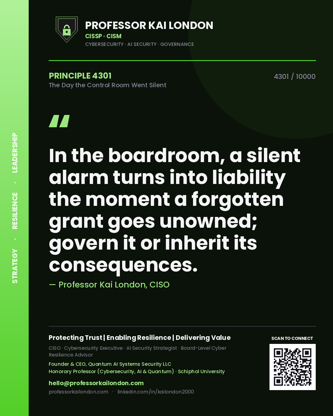 Quote card by Professor Kai London reading 'In the boardroom, a silent alarm turns into liability the moment a forgotten grant goes unowned; govern it or inherit its consequences.'. From the book The Day the Control Room Went Silent.