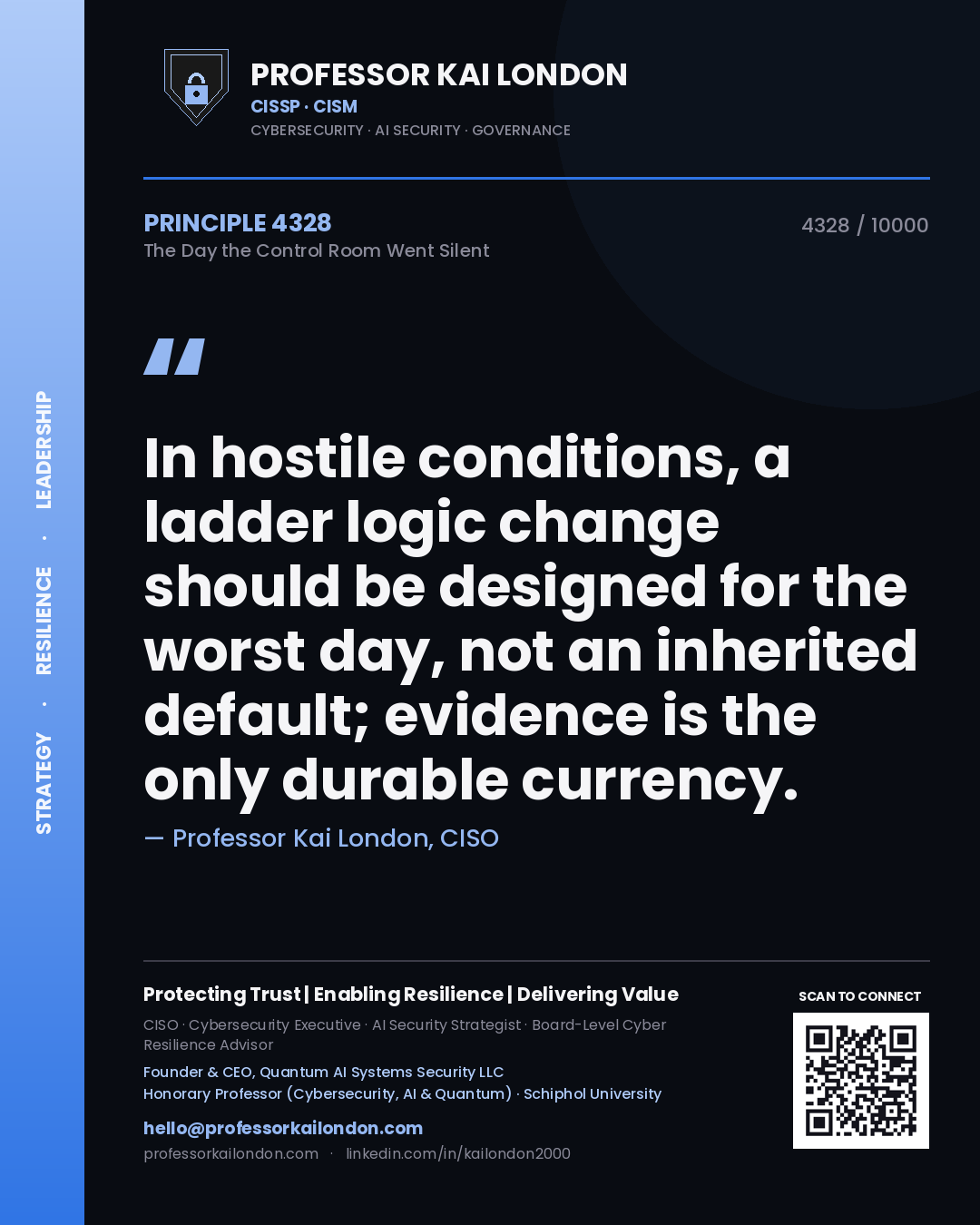 Quote card by Professor Kai London reading 'In hostile conditions, a ladder logic change should be designed for the worst day, not an inherited default; evidence is the only durable currency.'. From the book The Day the Control Room Went Silent.