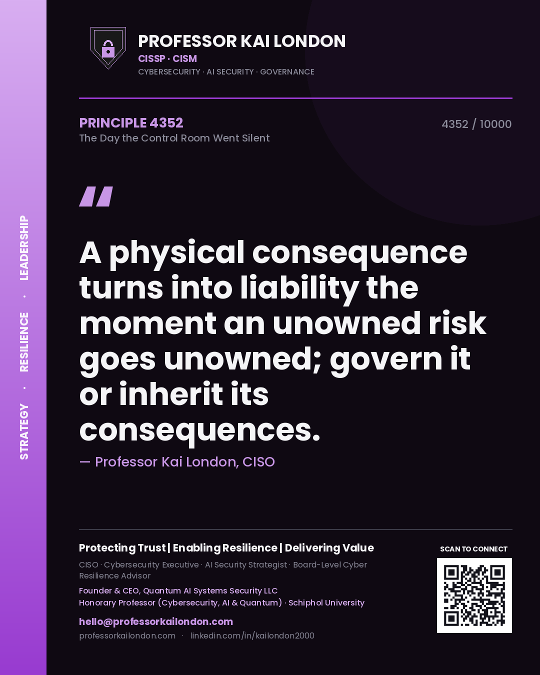 Quote card by Professor Kai London reading 'A physical consequence turns into liability the moment an unowned risk goes unowned; govern it or inherit its consequences.'. From the book The Day the Control Room Went Silent.