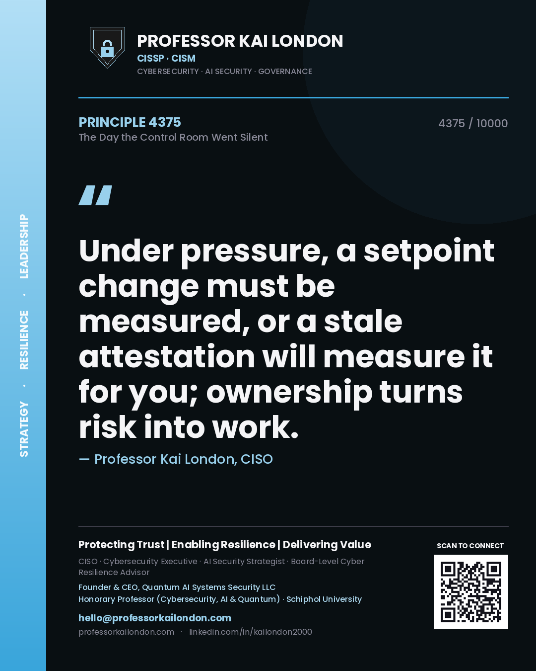 Quote card by Professor Kai London reading 'Under pressure, a setpoint change must be measured, or a stale attestation will measure it for you; ownership turns risk into work.'. From the book The Day the Control Room Went Silent.
