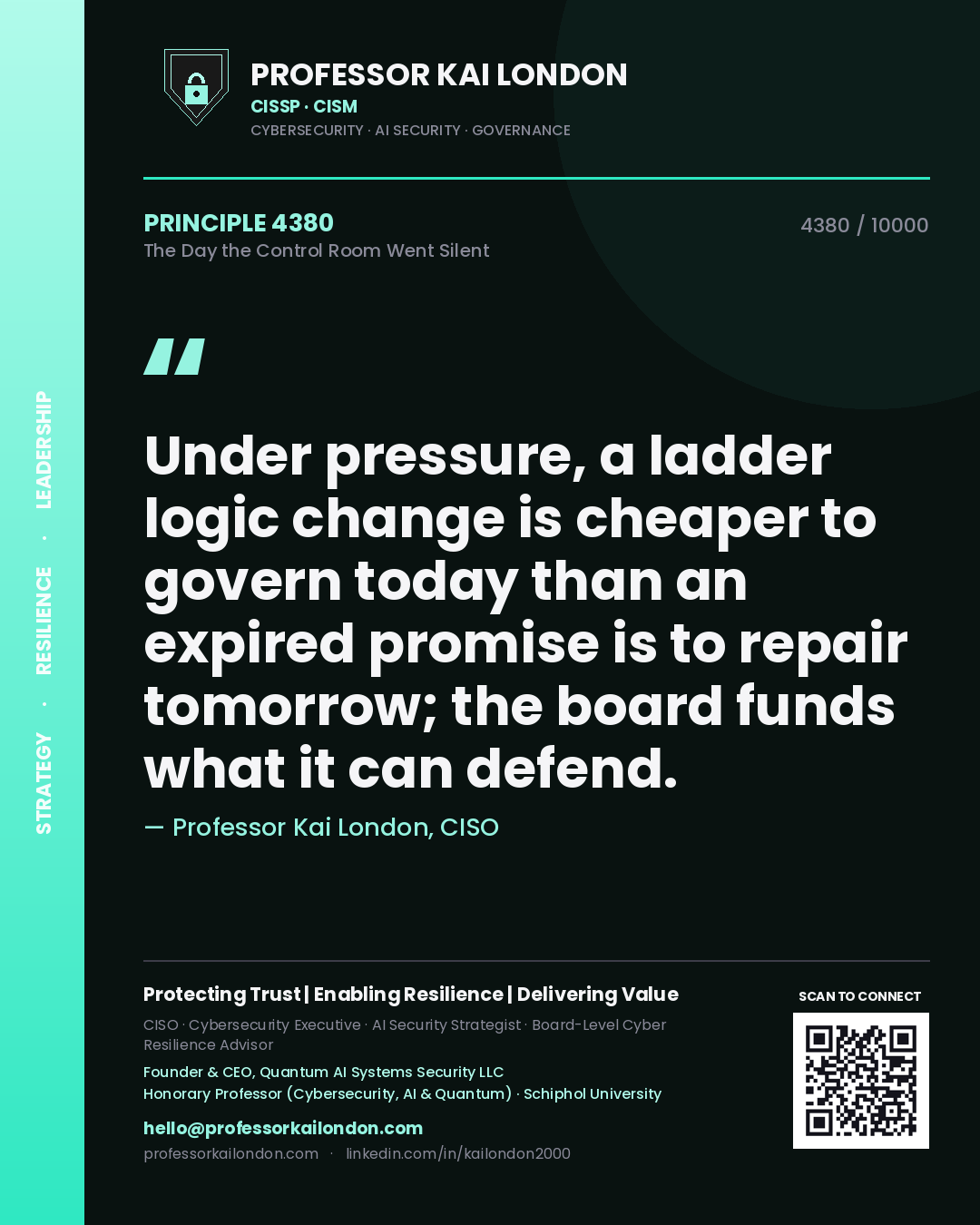 Quote card by Professor Kai London reading 'Under pressure, a ladder logic change is cheaper to govern today than an expired promise is to repair tomorrow; the board funds what it can defend.'. From the book The Day the Control Room Went Silent.