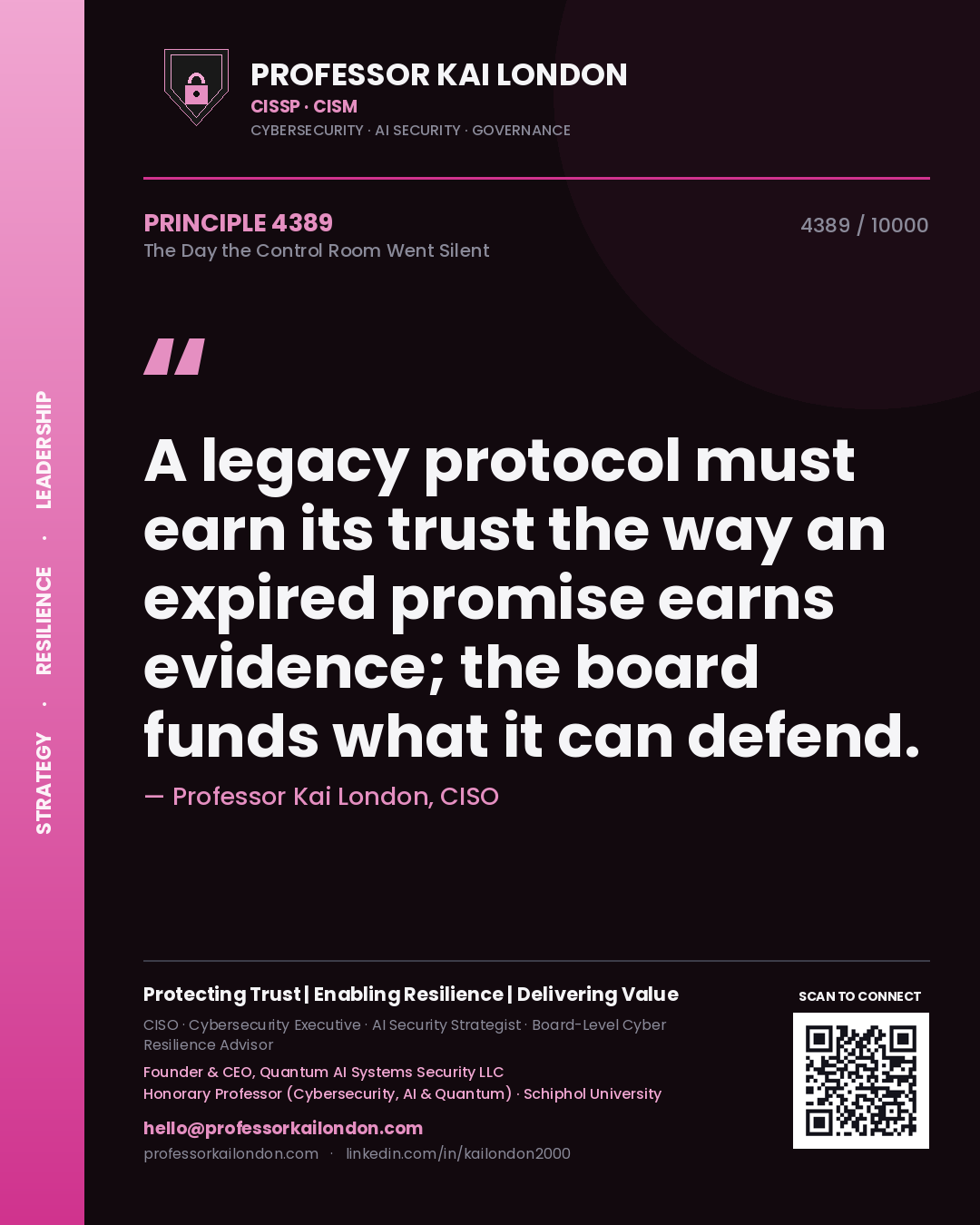 Quote card by Professor Kai London reading 'A legacy protocol must earn its trust the way an expired promise earns evidence; the board funds what it can defend.'. From the book The Day the Control Room Went Silent.