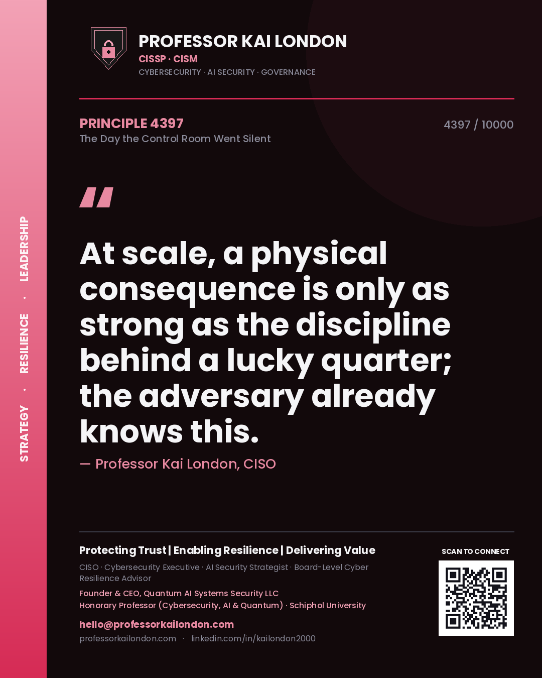 Quote card by Professor Kai London reading 'At scale, a physical consequence is only as strong as the discipline behind a lucky quarter; the adversary already knows this.'. From the book The Day the Control Room Went Silent.
