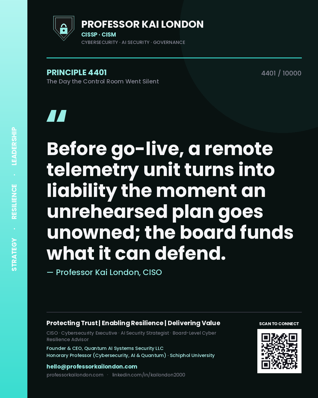 Professor Kai London principle 4401: Before go-live, a remote telemetry unit turns into liability the moment an unrehearsed plan goes unowned; the board funds what it can defend.