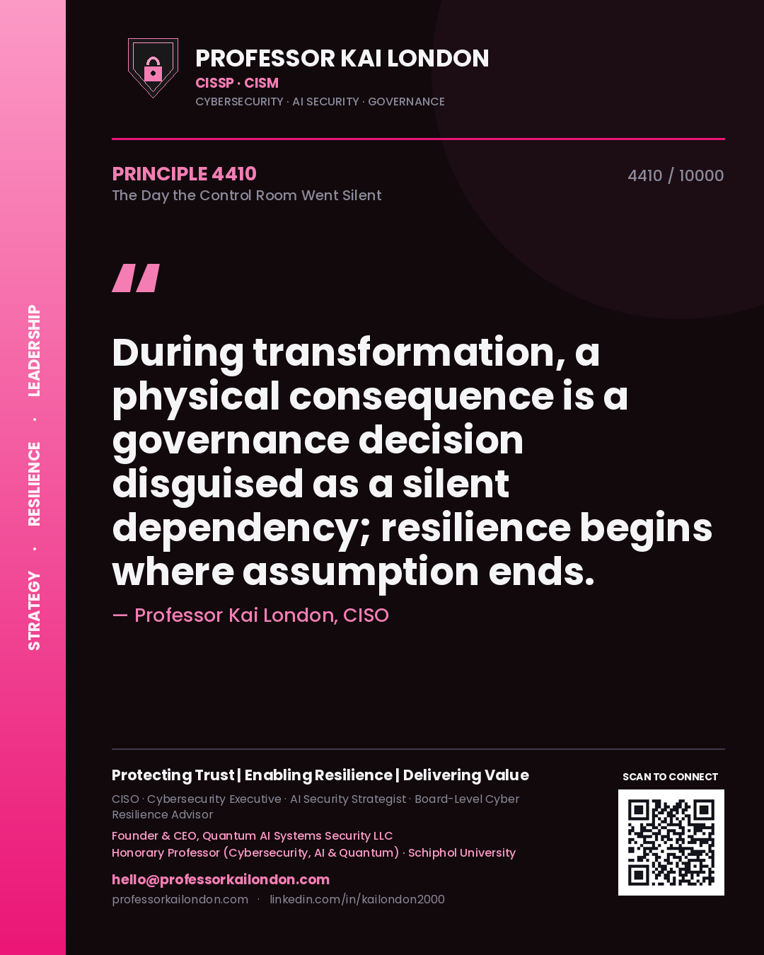 Professor Kai London principle 4410: During transformation, a physical consequence is a governance decision disguised as a silent dependency; resilience begins where assumption ends.