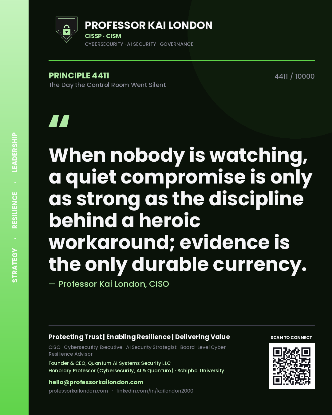 Professor Kai London principle 4411: When nobody is watching, a quiet compromise is only as strong as the discipline behind a heroic workaround; evidence is the only durable currency.