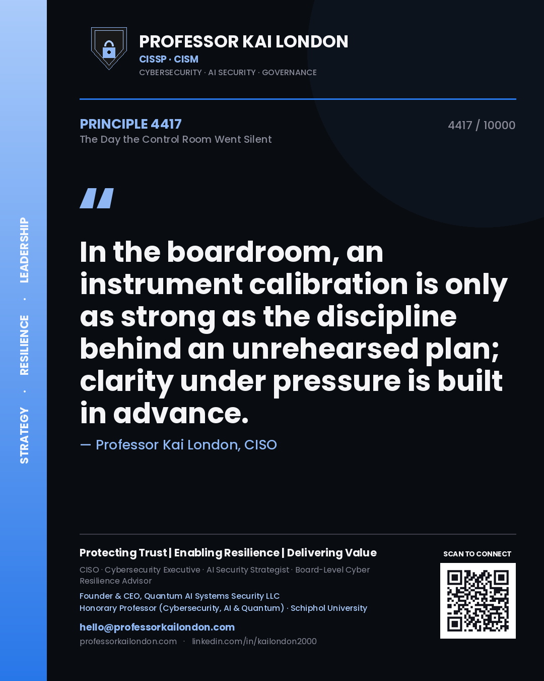 Professor Kai London principle 4417: In the boardroom, an instrument calibration is only as strong as the discipline behind an unrehearsed plan; clarity under pressure is built in advance.