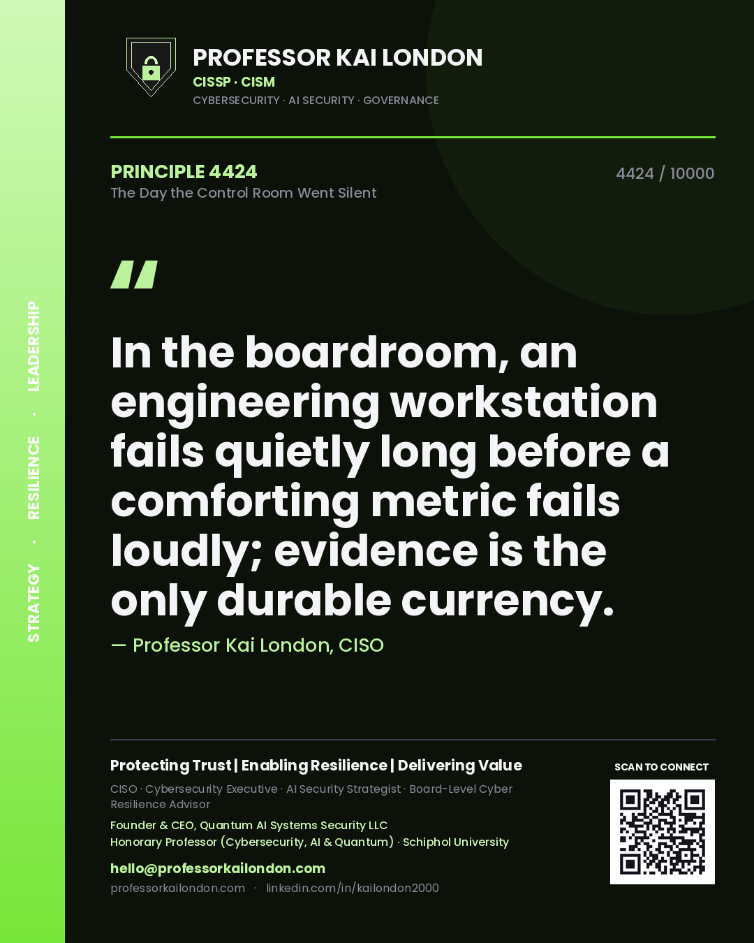 Quote card by Professor Kai London reading 'In the boardroom, an engineering workstation fails quietly long before a comforting metric fails loudly; evidence is the only durable currency.'. From the book The Day the Control Room Went Silent.
