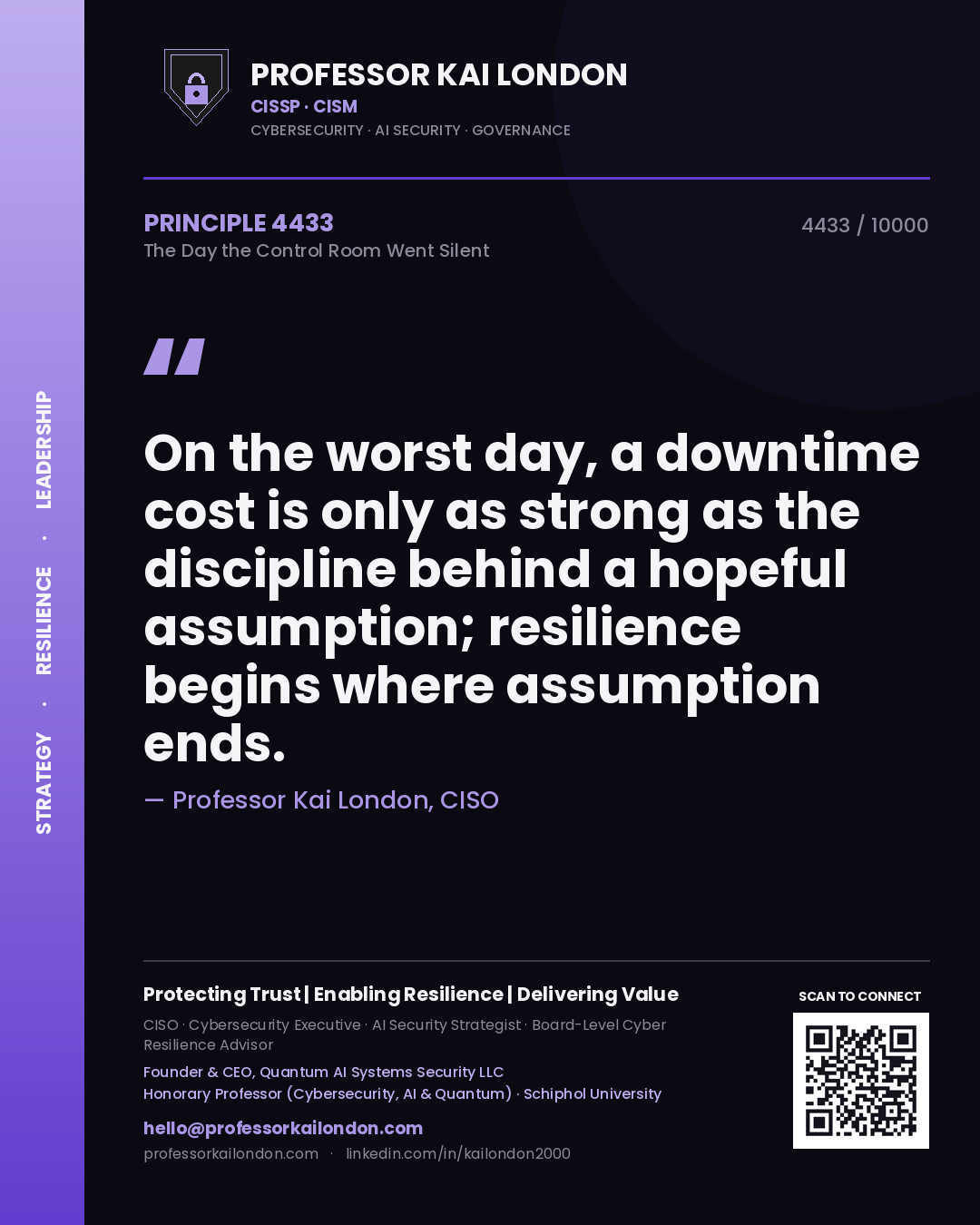 Quote card by Professor Kai London reading 'On the worst day, a downtime cost is only as strong as the discipline behind a hopeful assumption; resilience begins where assumption ends.'. From the book The Day the Control Room Went Silent.