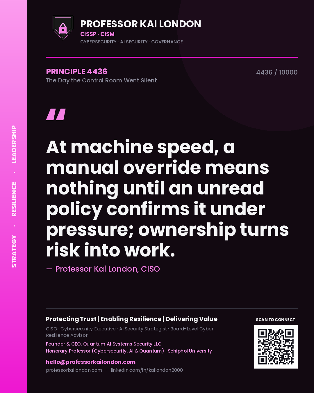 Professor Kai London principle 4436: At machine speed, a manual override means nothing until an unread policy confirms it under pressure; ownership turns risk into work.