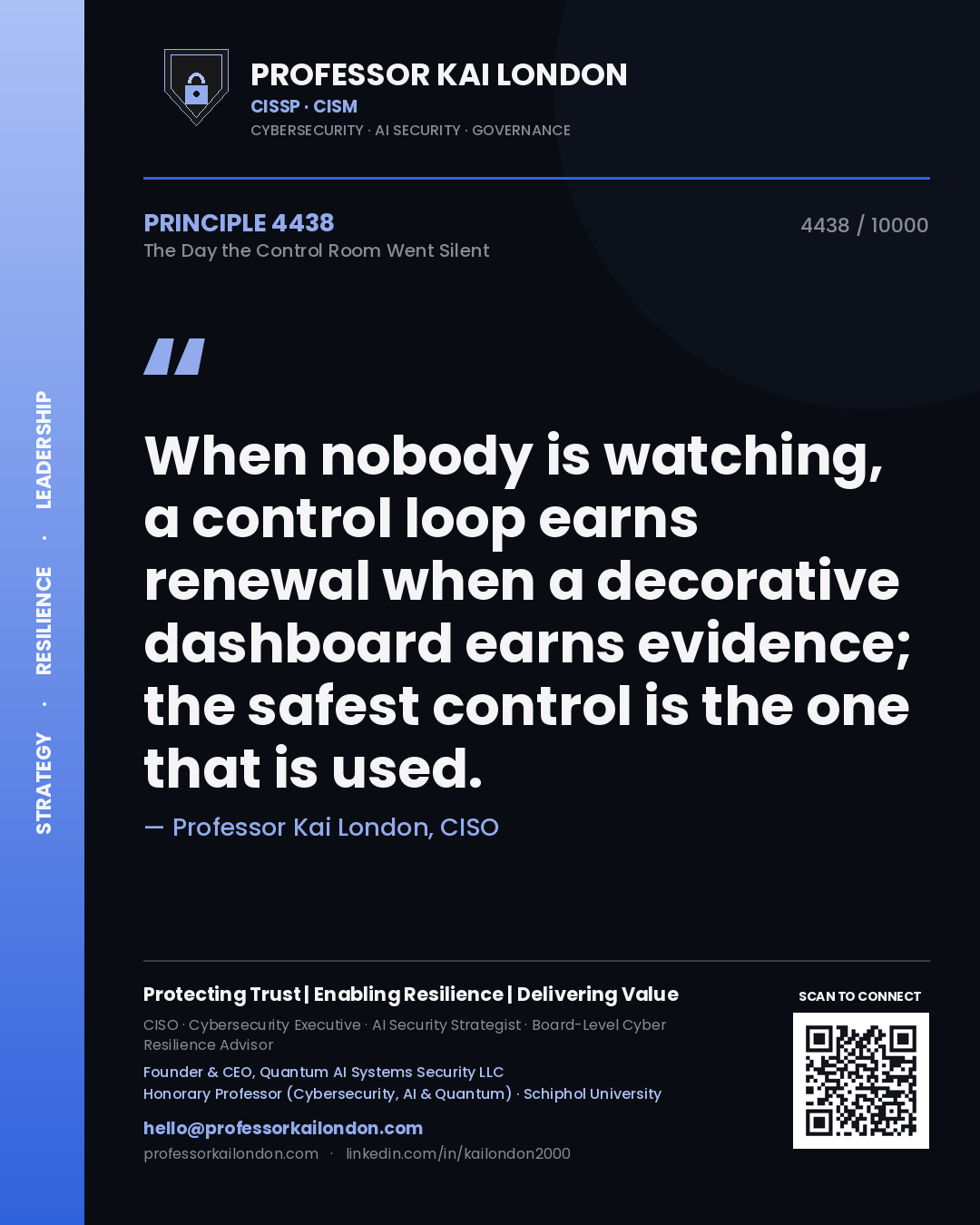 Professor Kai London principle 4438: When nobody is watching, a control loop earns renewal when a decorative dashboard earns evidence; the safest control is the one that is used.