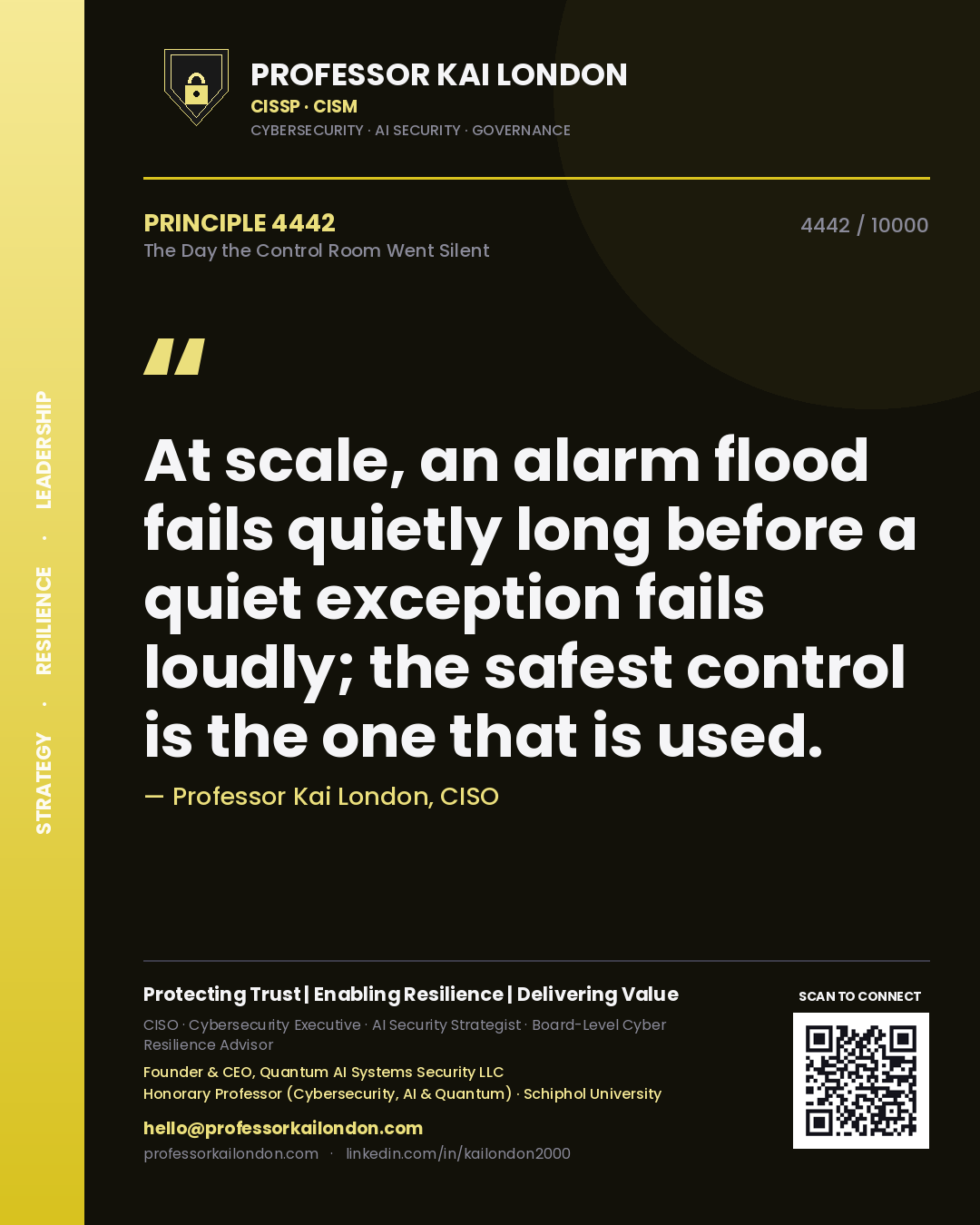 Professor Kai London principle 4442: At scale, an alarm flood fails quietly long before a quiet exception fails loudly; the safest control is the one that is used.