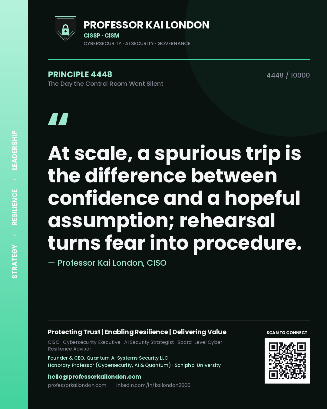 Quote card by Professor Kai London reading 'At scale, a spurious trip is the difference between confidence and a hopeful assumption; rehearsal turns fear into procedure.'. From the book The Day the Control Room Went Silent.