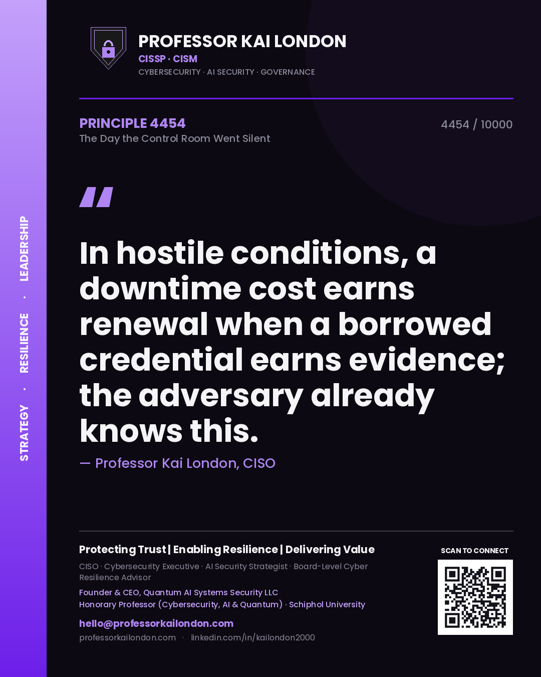 Quote card by Professor Kai London reading 'In hostile conditions, a downtime cost earns renewal when a borrowed credential earns evidence; the adversary already knows this.'. From the book The Day the Control Room Went Silent.