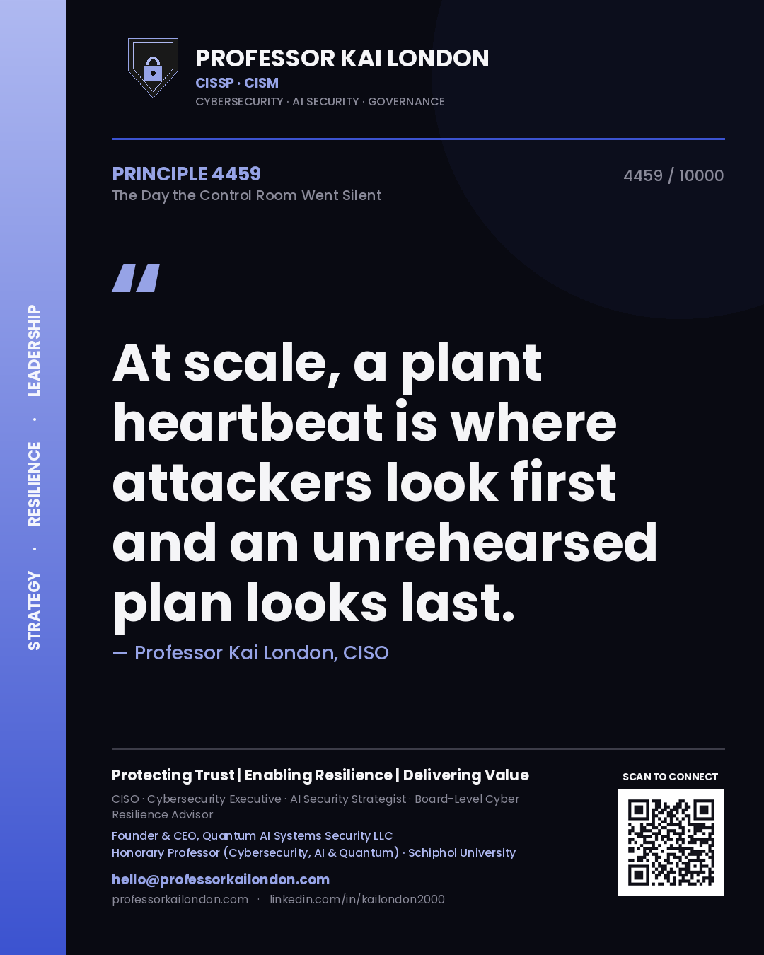 Quote card by Professor Kai London reading 'At scale, a plant heartbeat is where attackers look first and an unrehearsed plan looks last.'. From the book The Day the Control Room Went Silent.
