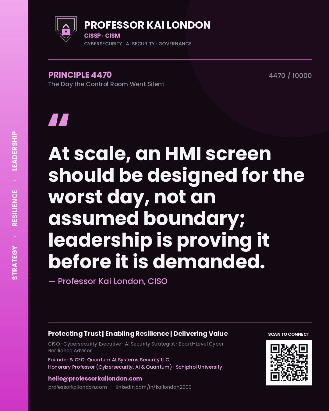 Professor Kai London principle 4470: At scale, an HMI screen should be designed for the worst day, not an assumed boundary; leadership is proving it before it is demanded.