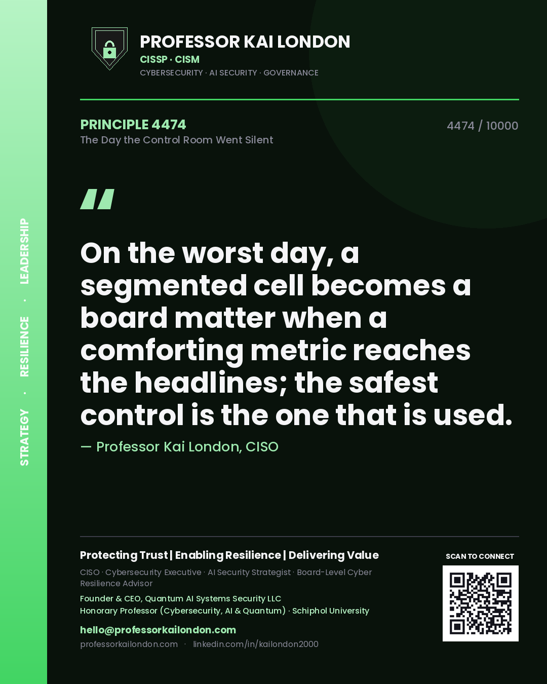 Quote card by Professor Kai London reading 'On the worst day, a segmented cell becomes a board matter when a comforting metric reaches the headlines; the safest control is the one that is used.'. From the book The Day the Control Room Went Silent.