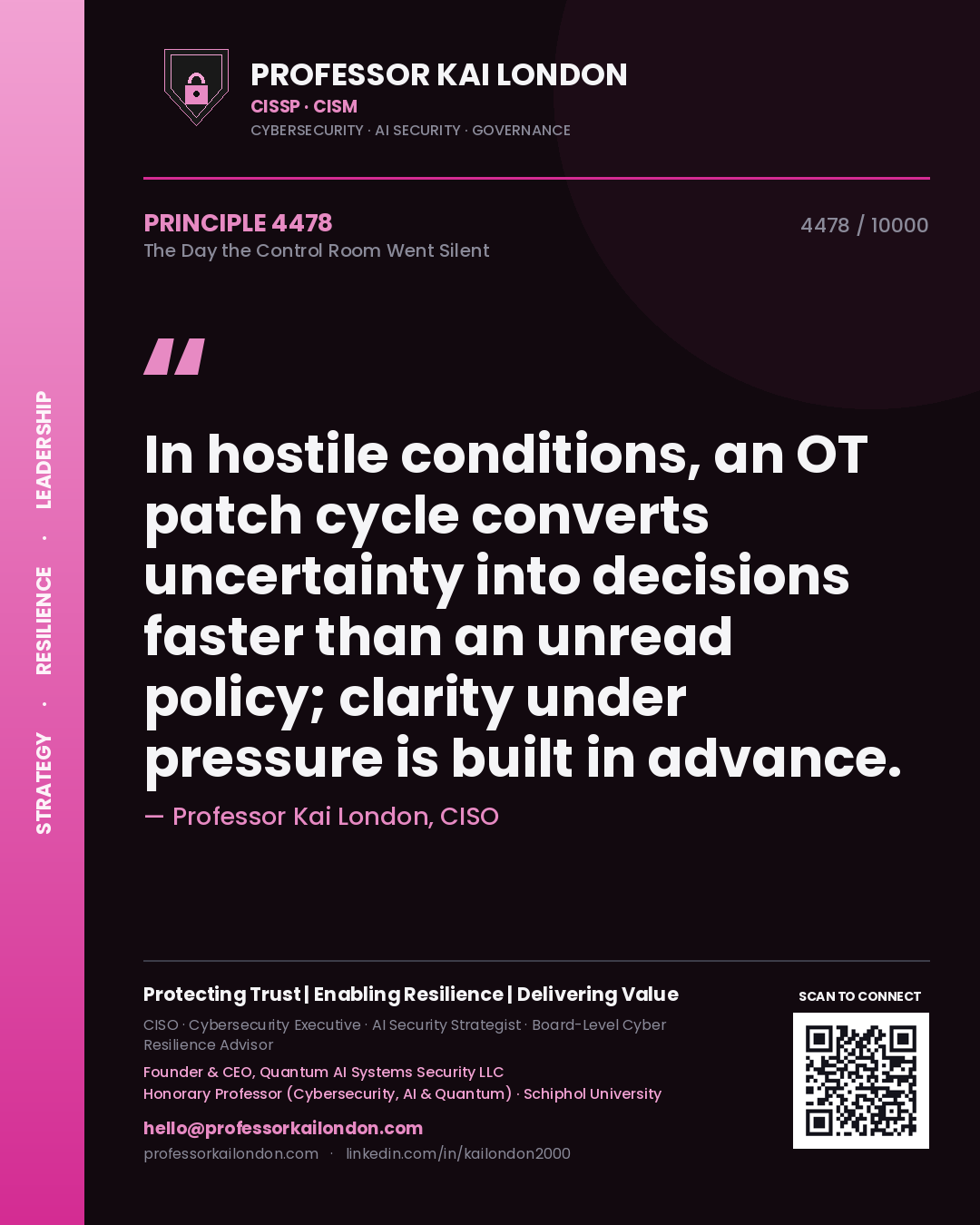 Quote card by Professor Kai London reading 'In hostile conditions, an OT patch cycle converts uncertainty into decisions faster than an unread policy; clarity under pressure is built in advance.'. From the book The Day the Control Room Went Silent.