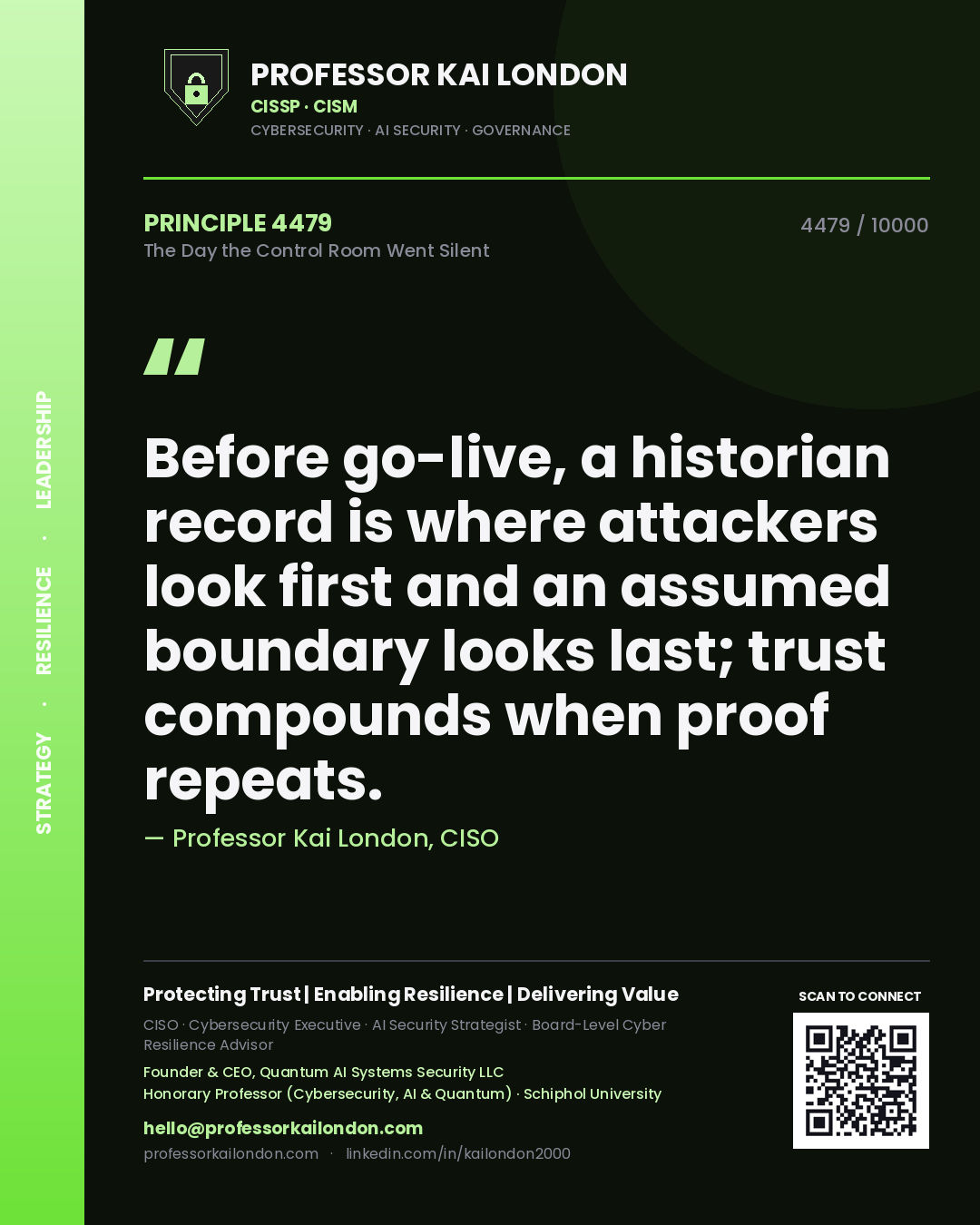 Quote card by Professor Kai London reading 'Before go-live, a historian record is where attackers look first and an assumed boundary looks last; trust compounds when proof repeats.'. From the book The Day the Control Room Went Silent.