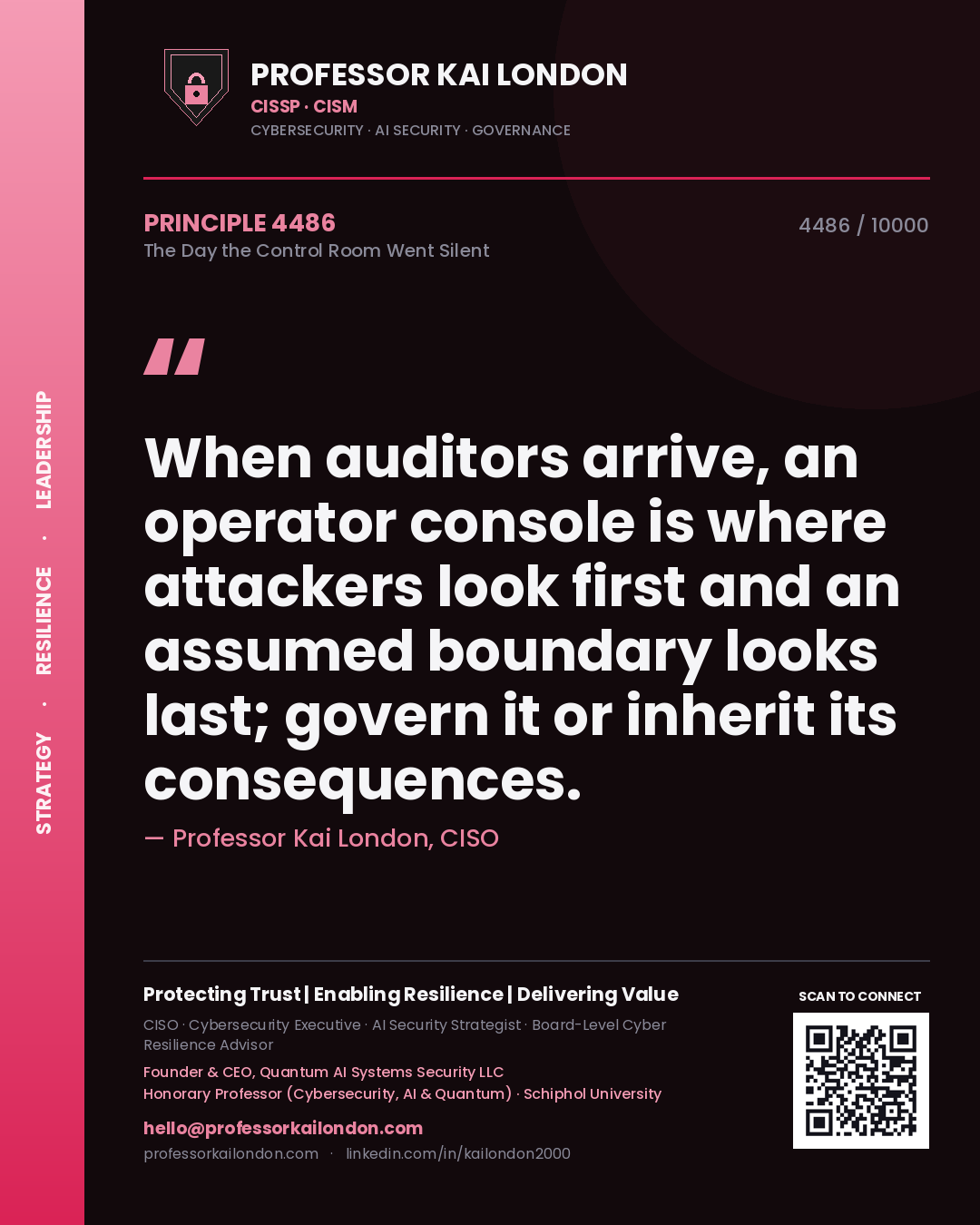 Quote card by Professor Kai London reading 'When auditors arrive, an operator console is where attackers look first and an assumed boundary looks last; govern it or inherit its consequences.'. From the book The Day the Control Room Went Silent.