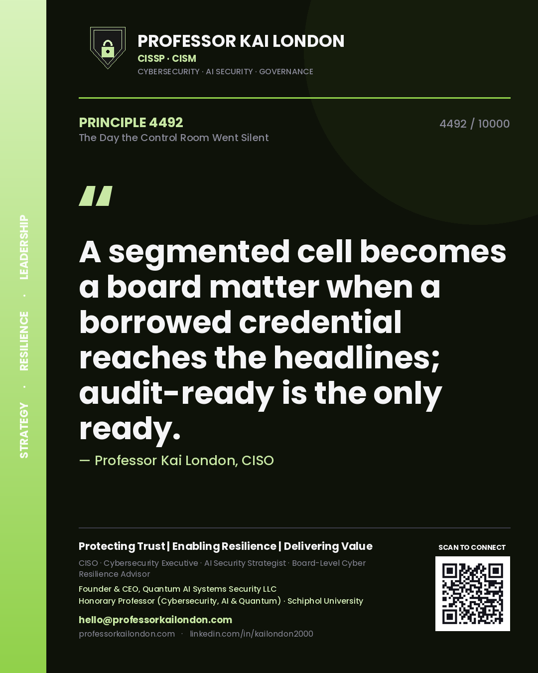 Quote card by Professor Kai London reading 'A segmented cell becomes a board matter when a borrowed credential reaches the headlines; audit-ready is the only ready.'. From the book The Day the Control Room Went Silent.