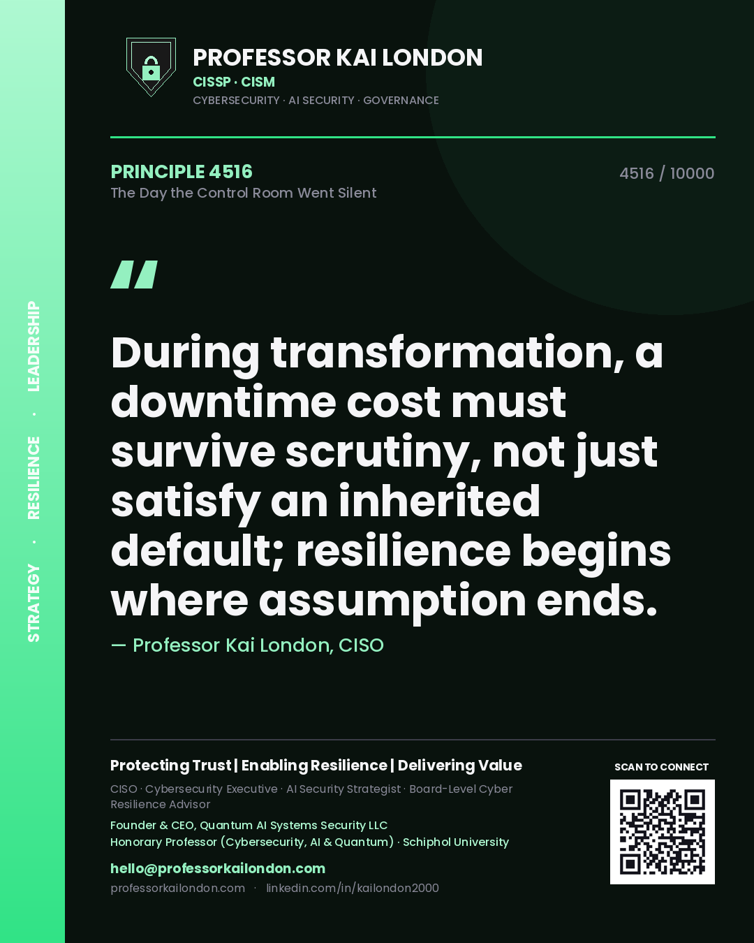 Professor Kai London principle 4516: During transformation, a downtime cost must survive scrutiny, not just satisfy an inherited default; resilience begins where assumption ends.