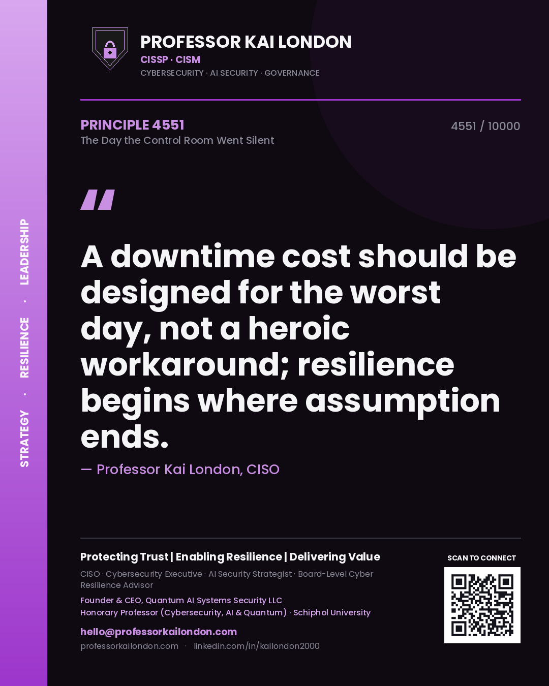 Professor Kai London principle 4551: A downtime cost should be designed for the worst day, not a heroic workaround; resilience begins where assumption ends.